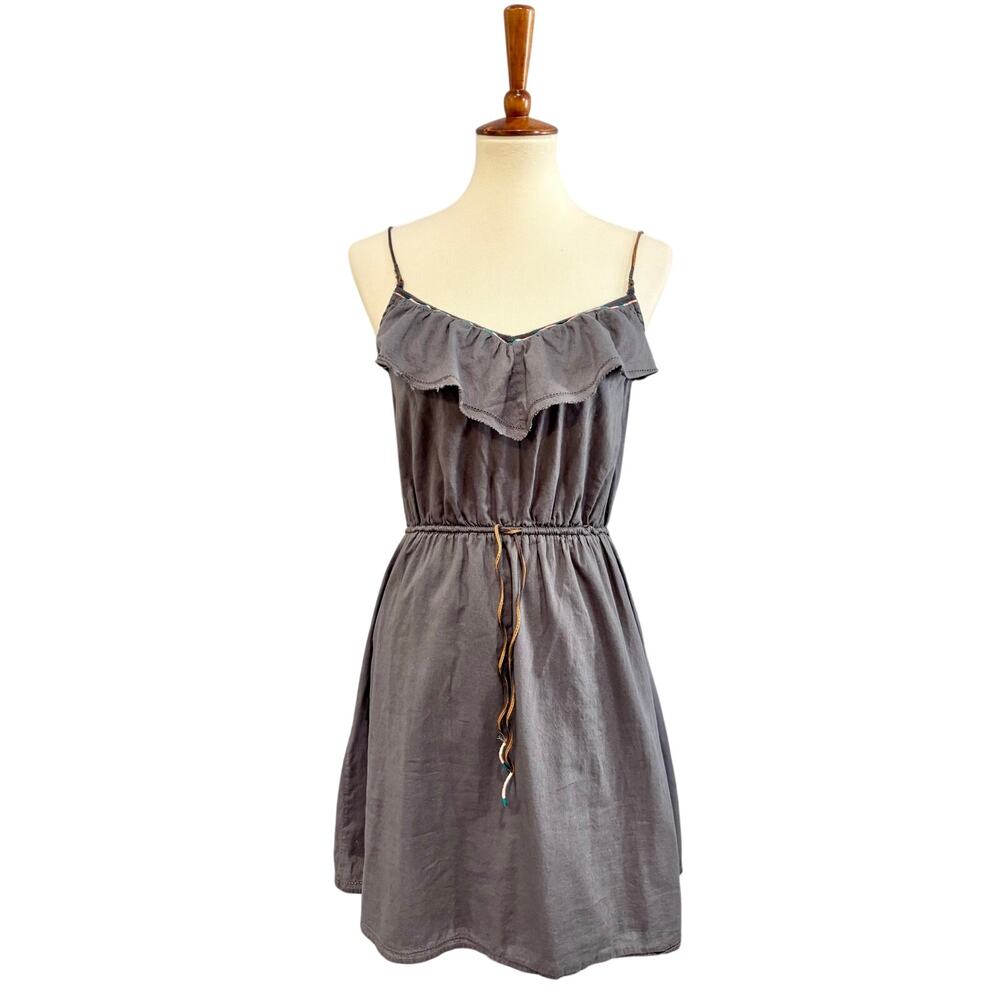 American Eagle Gray Ruffle Mini Dress Size 6 Boho Linen Blend Sun Dress Festival